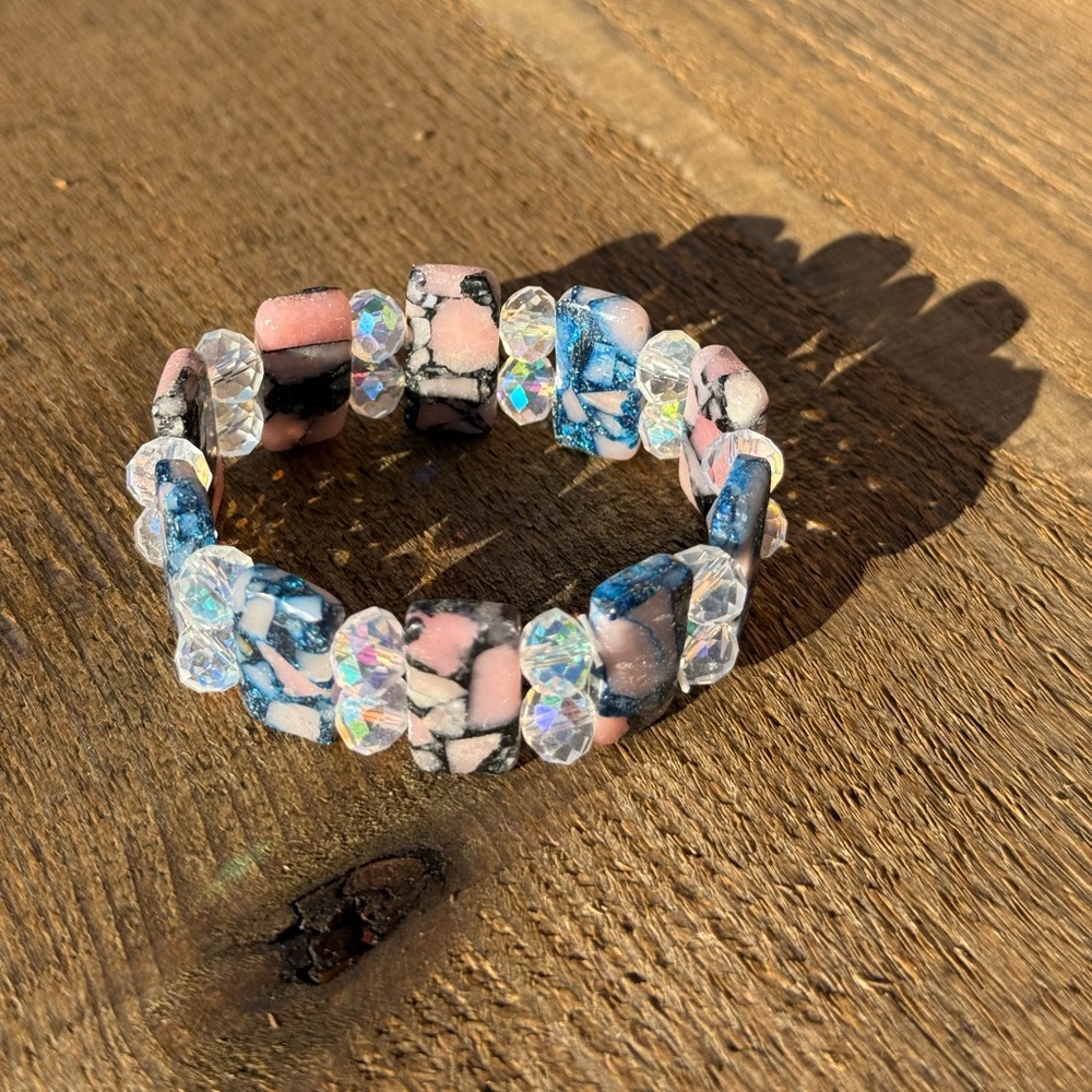 Colorful Rhodonite or Peach Blossom Jade Double Beaded Stretch Bracelet